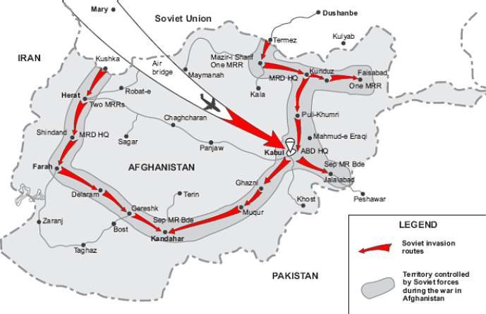 Mapa sovětské invaze do Afghánistánu.
